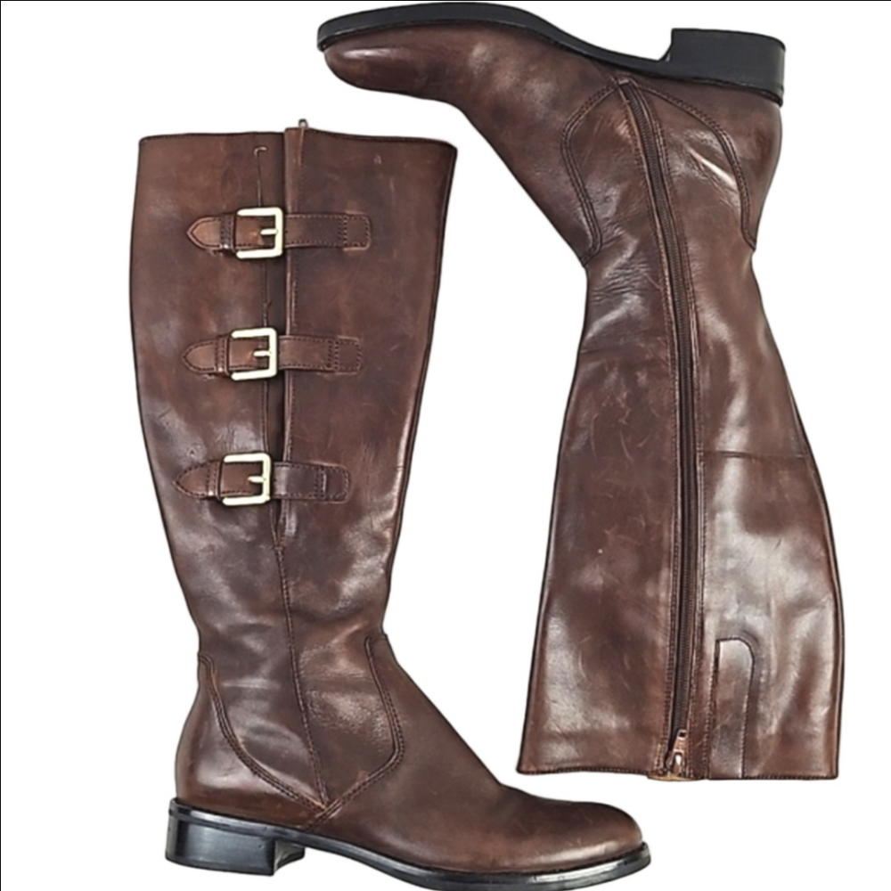Ecco Brown Leather Round Toe Side Zip Buckle Detail Equestrian Knee High Boot